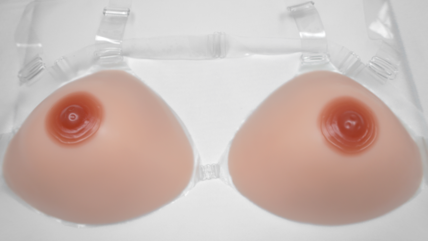 Silikonbrüste im Trans-Bra in Dreiecksform, mit Haftschicht & farbige Nippel, Typ T3