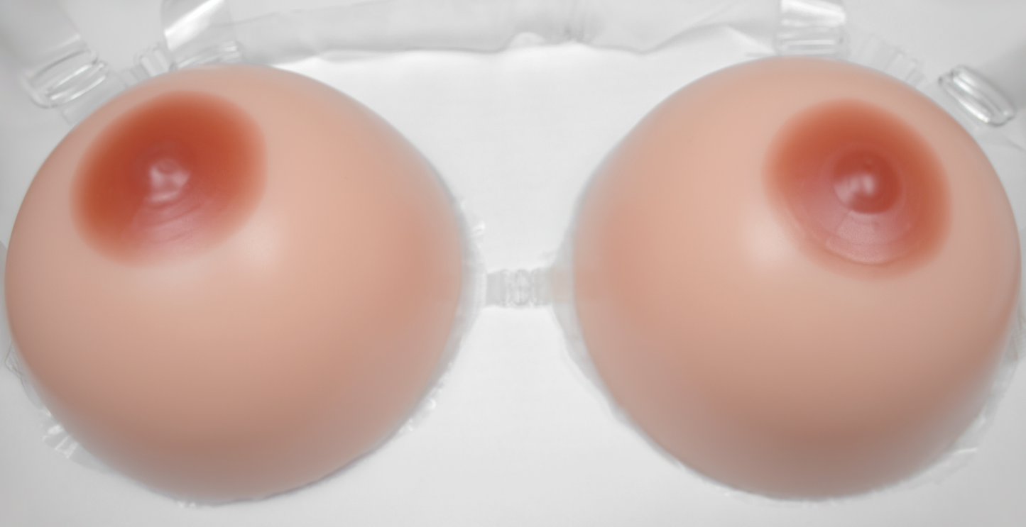 Silikonbrüste im Trans-Bra in Rundform, mit Haftschicht & farbige Nippel, Typ T2