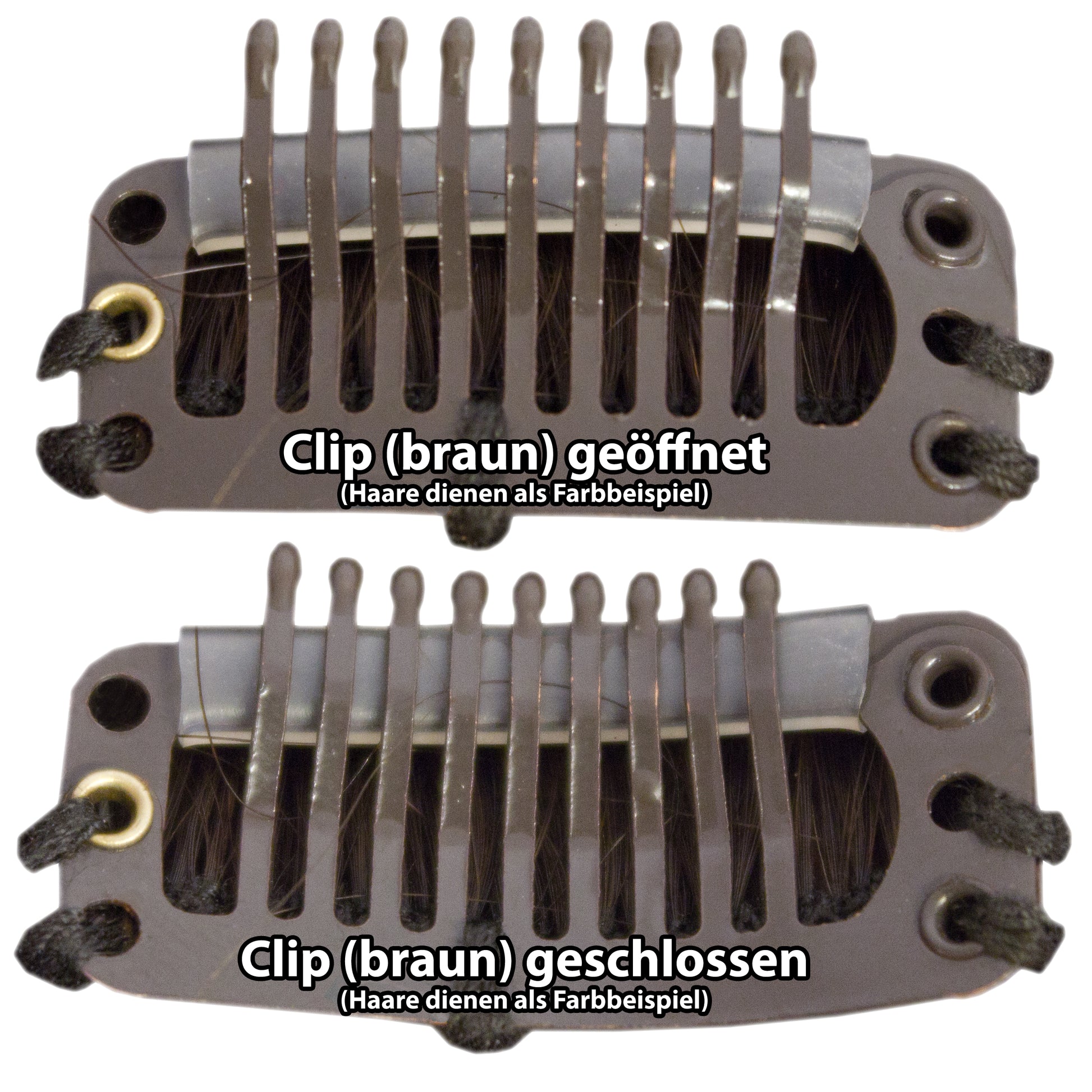 Clip (braun) geöffnet und geschlossen - Haare dienen als Farbbeispiel