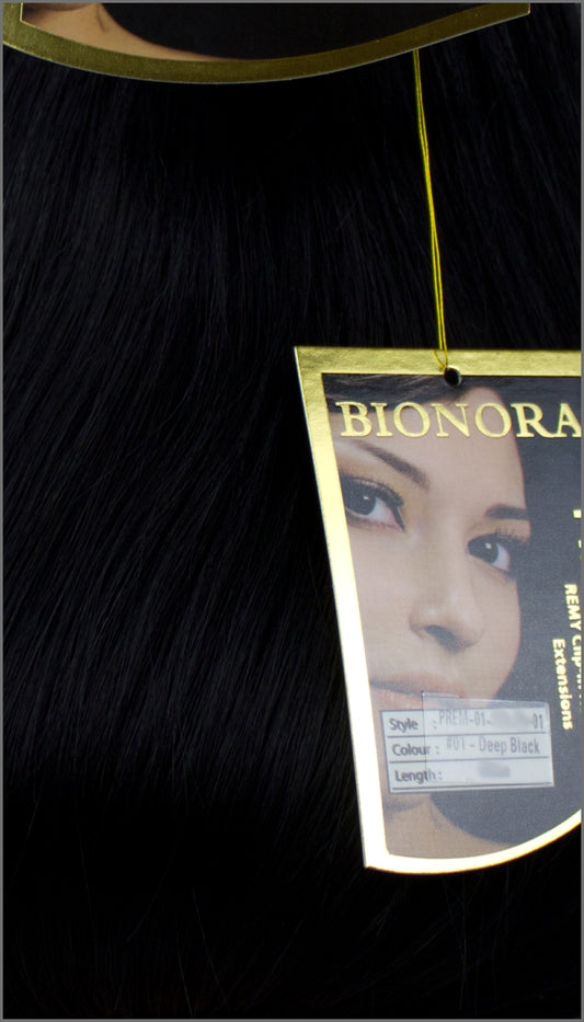 Clip-in 100% Remy Echthaar Extensions, BIONORA PREMIUM, #01, Tiefschwarz, 40 50 60 (+) cm, 100/110/120Gr.
