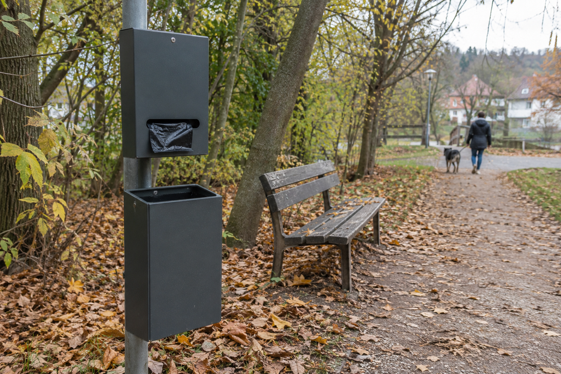 Anthrazitfarbener Kotbeutelspender aus Metall mit Abfallbehälter an einem herbstlichen Parkweg (KI-generiertes Bild)