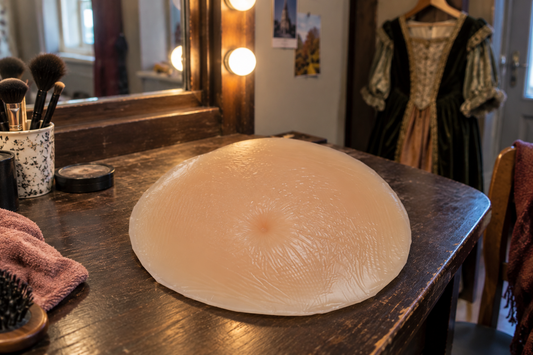 Silikon-Schwangerschaftsbauch auf dem Schminktisch einer Theatergarderobe (KI-generiertes Bild)