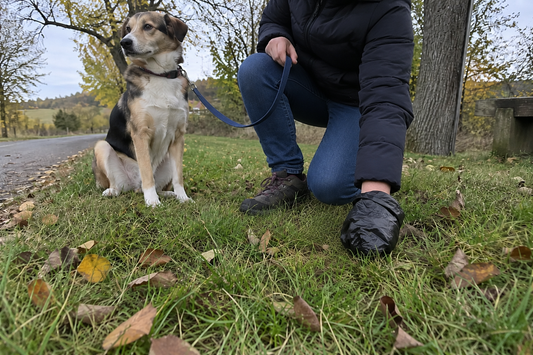 Hundehalter kniet auf der Wiese und nimmt mit einem schwarzen Beutel den Hundehaufen auf, Hund sitzt daneben (KI-generiertes Bild)