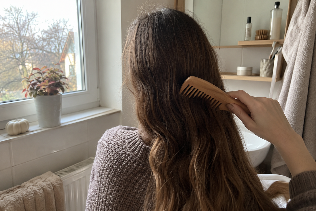 Frau mit langen, welligen braunen Haaren kämmt die Längen mit einem Holzkamm, Ansicht von hinten (KI-generiertes Bild)