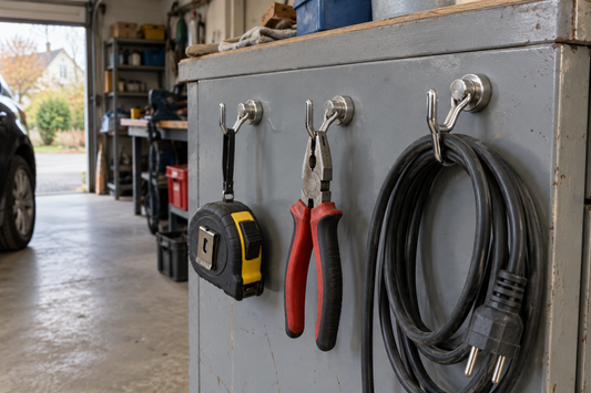 Hakenmagnete an einem Werkstattschrank mit Maßband, Zange und Verlängerungskabel (KI-generiertes Bild)