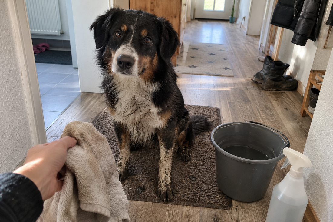 Hund mit schmutzigen Pfoten auf der Fußmatte im Flur, Hand mit Handtuch, Eimer und Sprühflasche (KI-generiertes Bild)