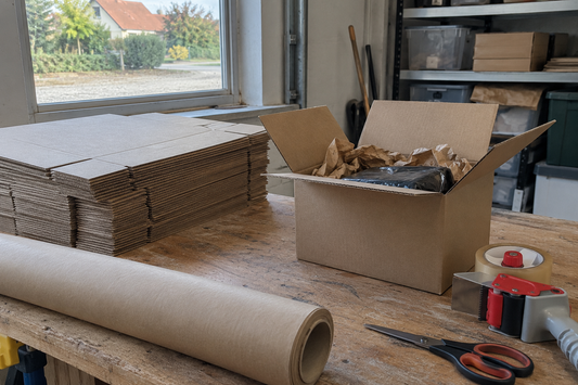 Packtisch in der Garage mit gefalteten Versandkartons, Klebebandabroller und Packpapier (KI-generiertes Bild)