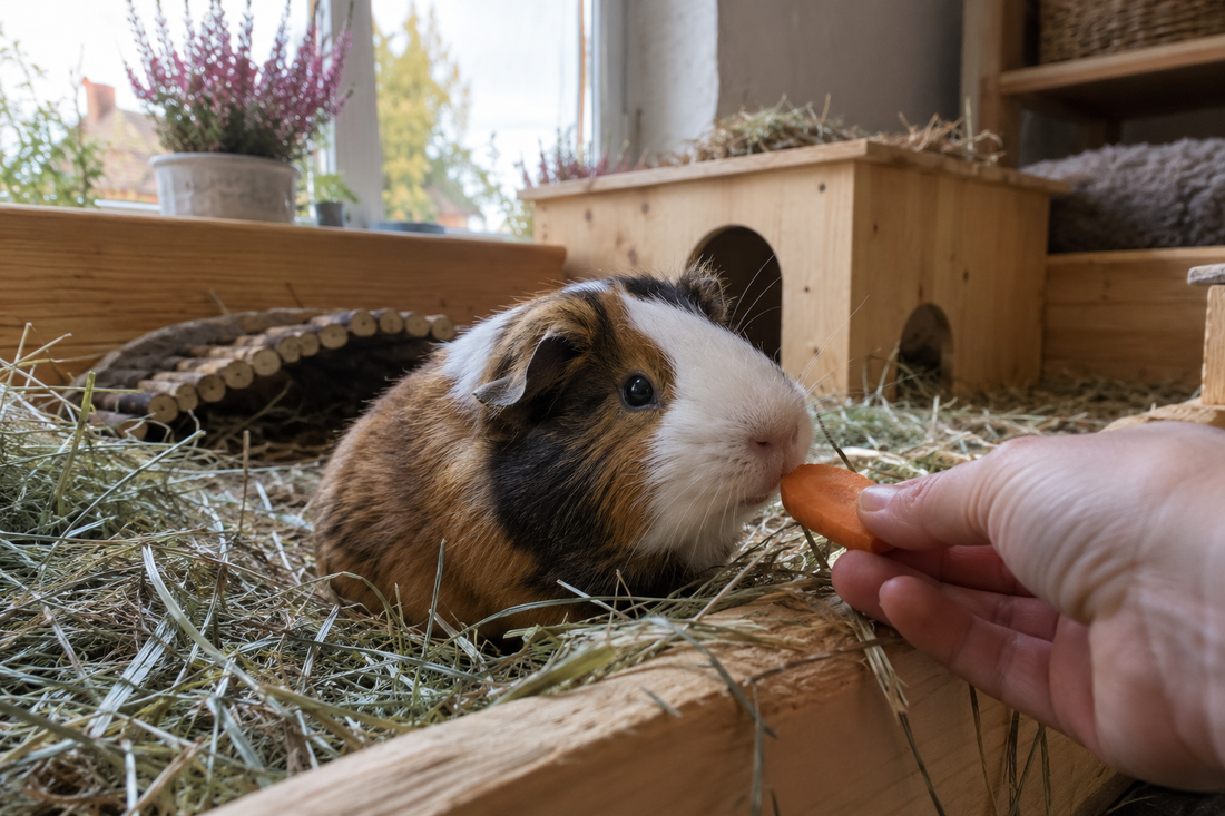 Meerschweinchen im Heu bekommt ein Stück Karotte gereicht (KI-generiertes Bild)