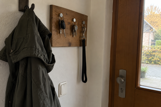 Schlüsselbrett neben der Haustür mit Schlüsseln und Hundeleine, daneben eine Jacke (KI-generiertes Bild)