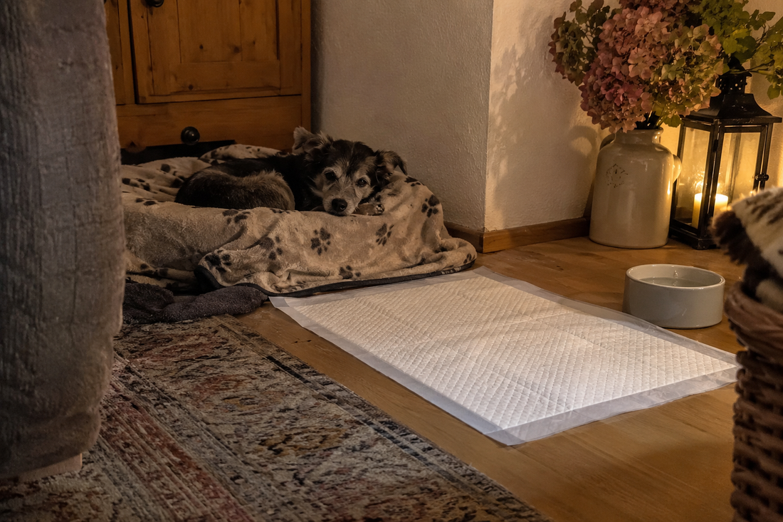 Älterer Hund ruht auf einer Decke, daneben ein Trainingspad und ein Wassernapf (KI-generiertes Bild)