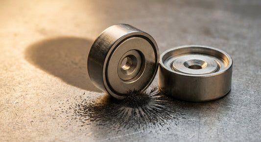 Topfmagnet mit Bohrung und Senkung auf weißem Hintergrund als technische Grundlagenübersicht