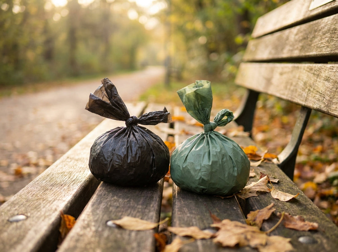 Green HD-PE dog waste bag roll next to biodegradable bioplastic bags for everyday dog walks