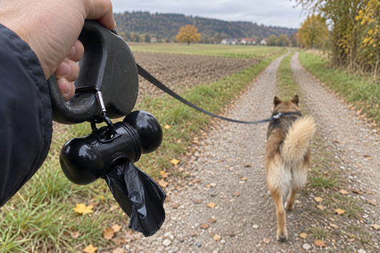 Hand hält eine Rollleine mit schwarzem Kotbeutelspender in Knochenform am Metallclip, Hund läuft voraus auf einem herbstlichen Feldweg (KI-generiertes Bild)