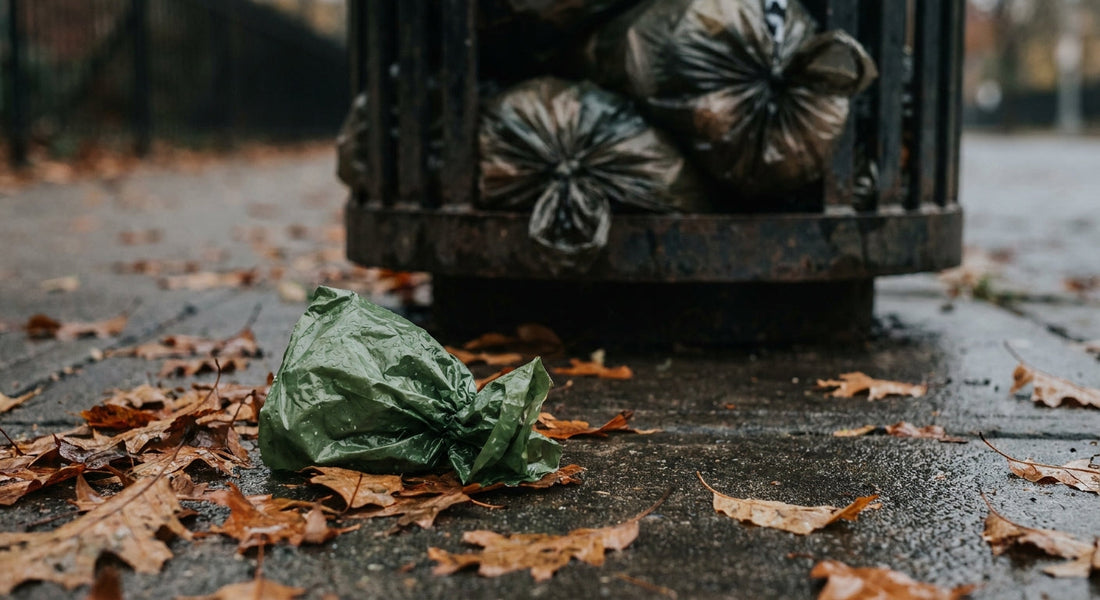 Overflowing bin filled with plastic dog waste bags causing environmental plastic pollution concern