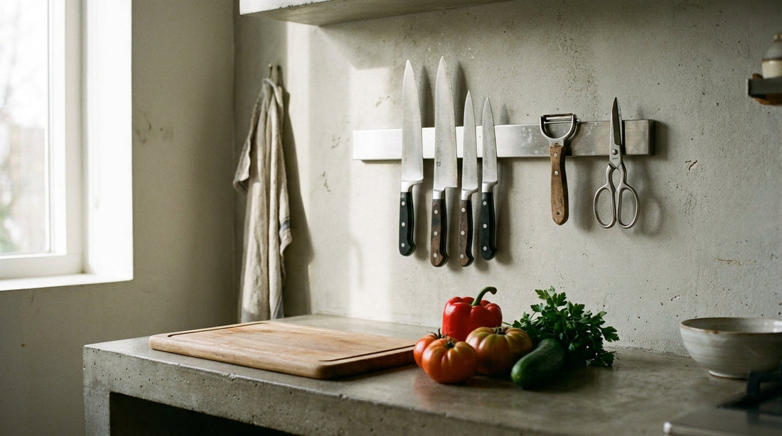 Magnetische Küchenhelfer organisieren Messer und Gewürze praktisch an der Wand mit Magnet