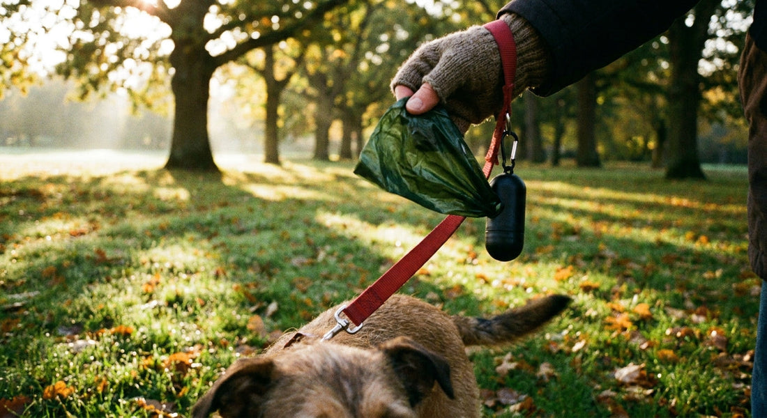 Person picks up dog waste responsibly using a durable Hundekotbeutel in an outdoor park setting