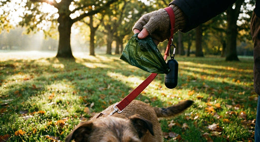 Person picks up dog waste responsibly using a durable Hundekotbeutel in an outdoor park setting