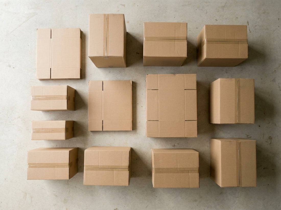 Verschiedene Verpackungskartons und Faltkartons zum Kaufen, stapelbar und versandbereit angeordnet