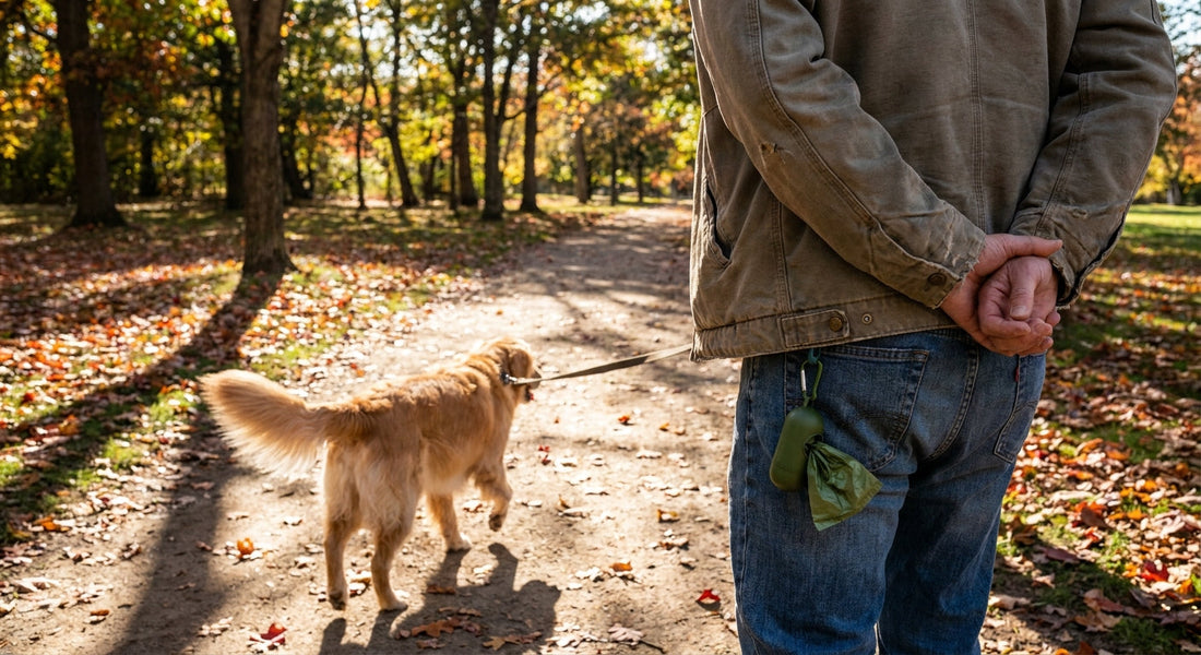Hundebesitzer geht entspannt mit Hund spazieren, Hände frei trotz Hundekotbeutel am Gürtel