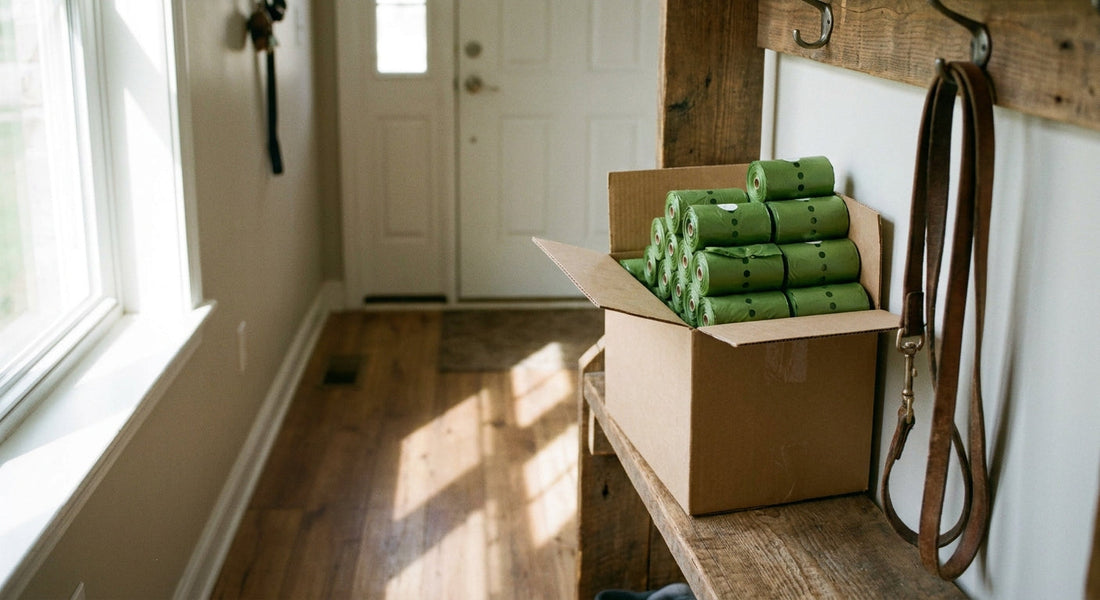 Stack of 1000 Hundekotbeutel rolls in eco-friendly packaging for responsible dog waste disposal