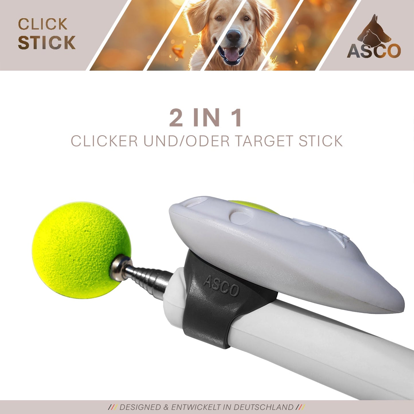 ASCO ClickStick - Target Stick mit abnehmbarem Premium Clicker - Target Stab für Hunde Katzen Clickertraining - Targetstick ausziehbar mit extra Klicker - Targetstab für Target-Training
