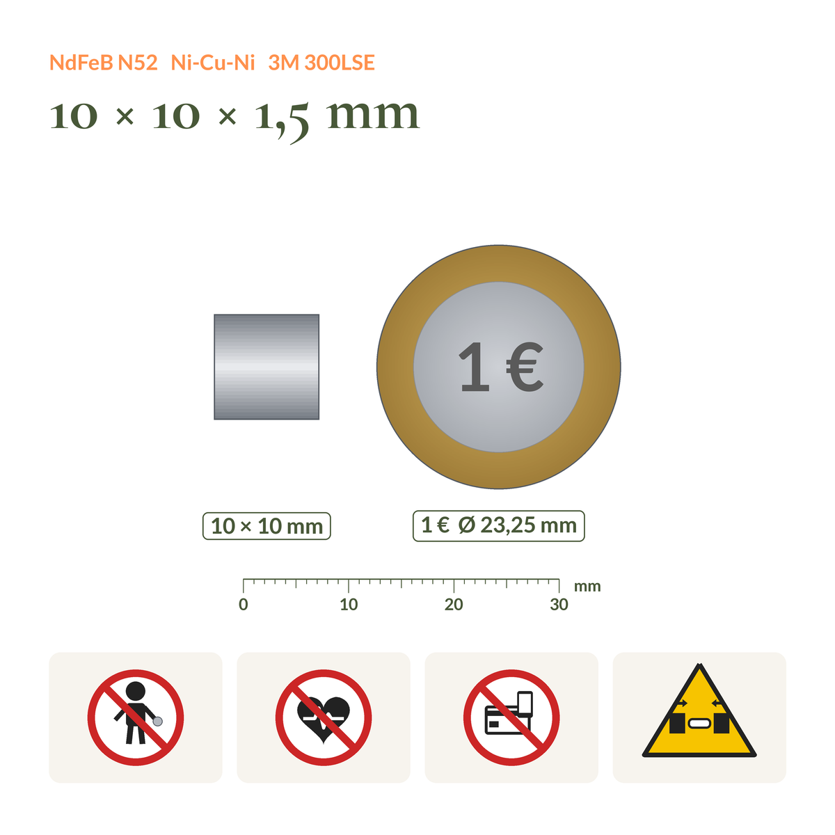 Size comparison of the Self-Adhesive Neodymium Block Magnet N52 10 × 10 × 1.5 mm next to a 1 euro coin, with safety symbols (children, pacemakers, electronics, pinch hazard)