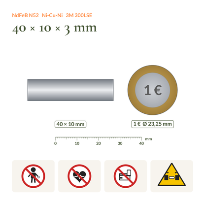 Größenvergleich Neodym-Blockmagnet selbstklebend N52 40 × 10 × 3 mm neben einer 1-Euro-Münze, mit Sicherheitssymbolen (Kinder, Herzschrittmacher, Elektronik, Quetschgefahr)