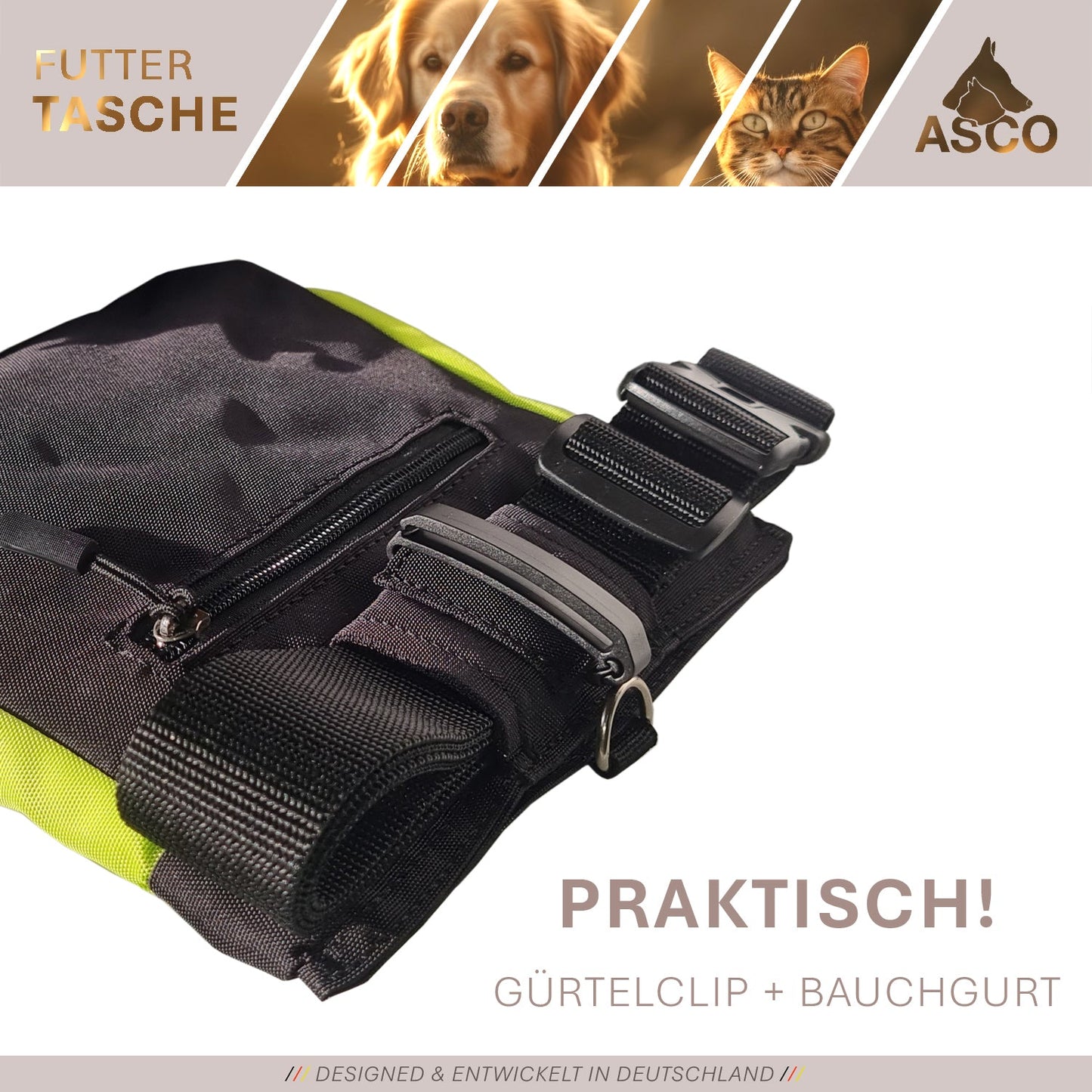 ASCO Futterbeutel mit Einhand-Schnappverschluss, Leckerlibeutel 20x20 cm, QuickTouch Leckerlietasche