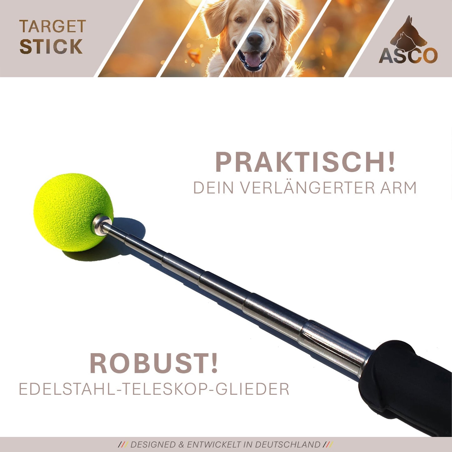 ASCO Target Stick - Target Stab für Hunde Katzen Targettraining - Targetstick ausziehbar mit Softball - Edelstahl Targetstab mit Teleskopfunktion