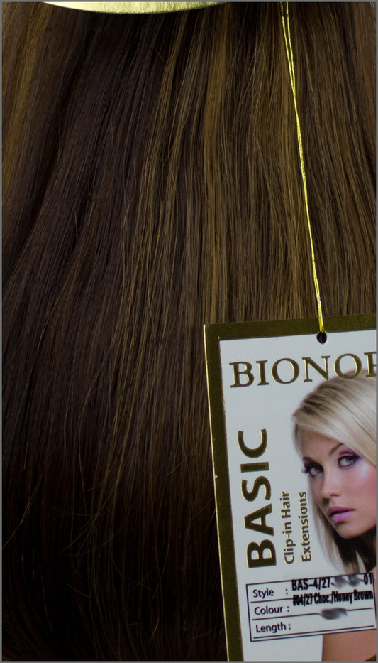 Clip-in Haar Extensions mit Echthaar, #04/27, Schokobraun/Honigbraun, BASIC von BIONORA, 43/53/63cm, 70/80/90Gr.