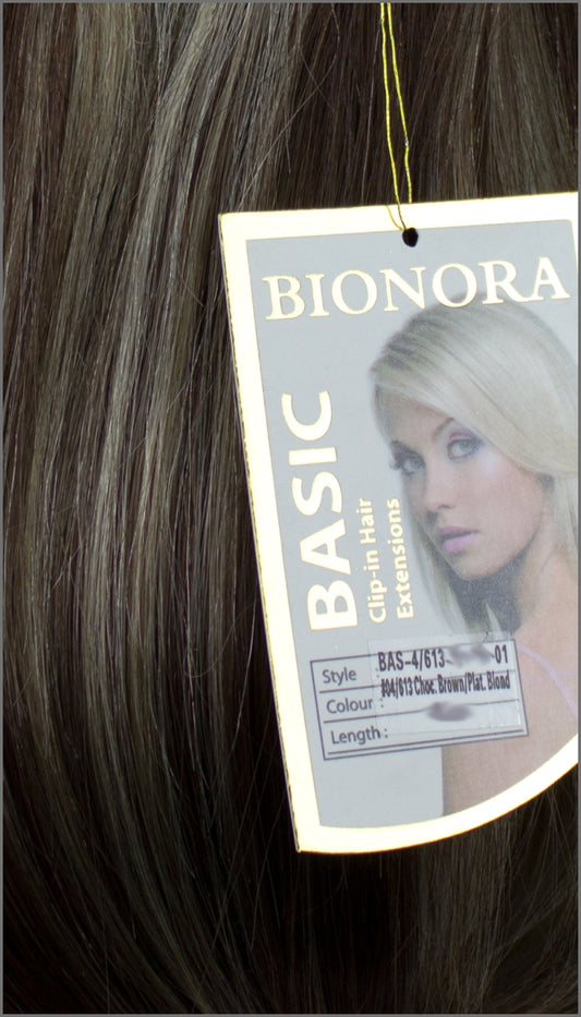 Clip-in Haar Extensions mit Echthaar, #04/613, Schokobraun / Platinblond, BASIC von BIONORA, 43/53/63cm, 70/80/90 Gr.