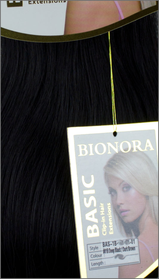 Clip-in Haar Extensions mit Echthaar, #1B, Tiefschwarz/Dunkelbraun, BASIC von BIONORA, 43/53/63cm, 70/80/90 Gr.