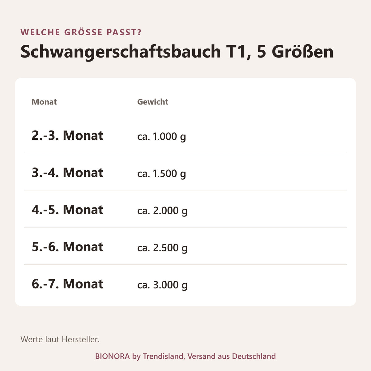 BIONORA Künstlicher Silikon-Schwangerschaftsbauch zum Umschnallen: Größentabelle Schwangerschaftsbauch T1, 5 Größen mit Monat, Gewicht