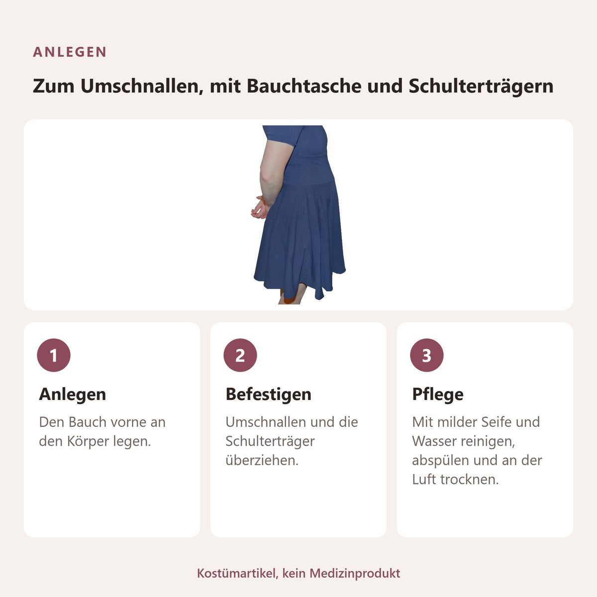 BIONORA Künstlicher Silikon-Schwangerschaftsbauch zum Umschnallen: Anlegen, Zum Umschnallen, mit Bauchtasche und Schulterträgern: Anlegen, Befestigen, Pflege