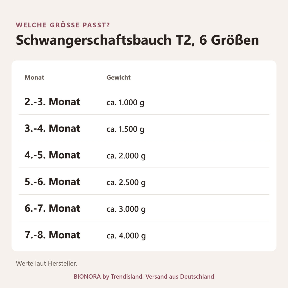 BIONORA Künstlicher Silikon-Schwangerschaftsbauch zum Umschnallen: Größentabelle Schwangerschaftsbauch T2, 6 Größen mit Monat, Gewicht