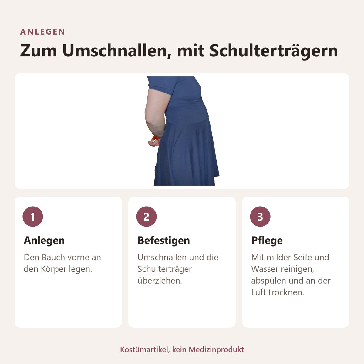 BIONORA Künstlicher Silikon-Schwangerschaftsbauch zum Umschnallen: Anlegen, Zum Umschnallen, mit Schulterträgern: Anlegen, Befestigen, Pflege