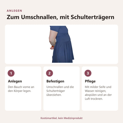BIONORA Künstlicher Silikon-Schwangerschaftsbauch zum Umschnallen: Anlegen, Zum Umschnallen, mit Schulterträgern: Anlegen, Befestigen, Pflege