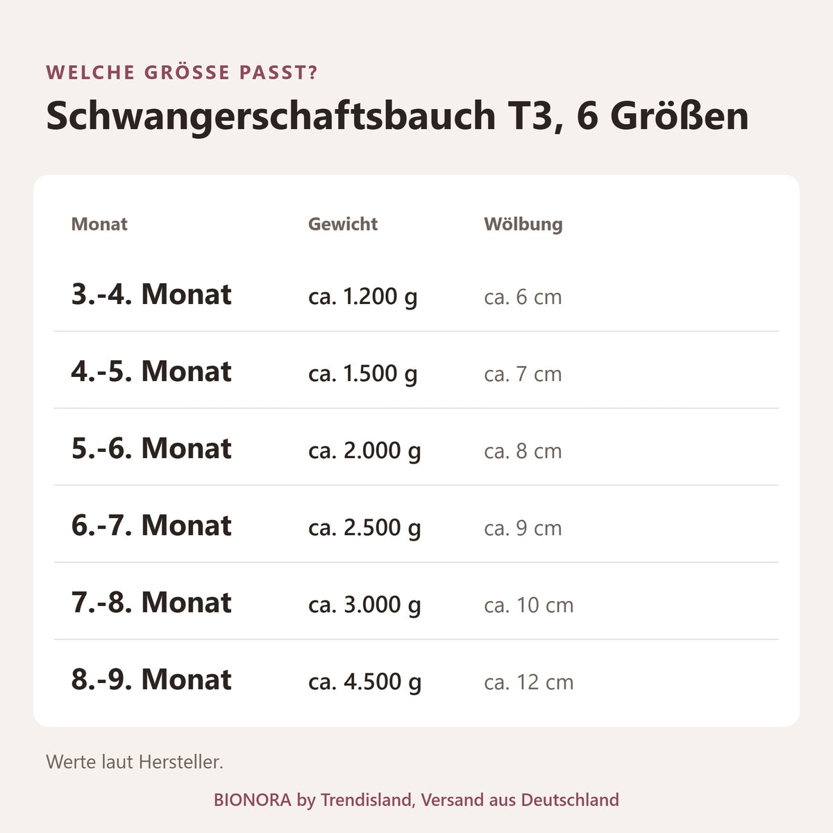 BIONORA Künstlicher Silikon-Schwangerschaftsbauch zum Umschnallen: Größentabelle Schwangerschaftsbauch T3, 6 Größen mit Monat, Gewicht, Wölbung