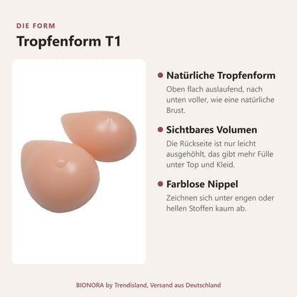 BIONORA Silikonbrüste in Tropfenform: Tropfenform T1 im Überblick: Natürliche Tropfenform, Sichtbares Volumen, Farblose Nippel