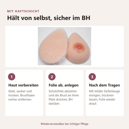 BIONORA Silikonbrüste in Tropfenform: Mit haftschicht, Hält von selbst, sicher im BH: Haut vorbereiten, Folie ab, anlegen, Nach dem Tragen