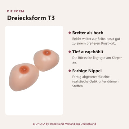BIONORA Silikonbrüste in Dreiecksform: Dreiecksform T3 im Überblick: Breiter als hoch, Tief ausgehöhlt, Farbige Nippel