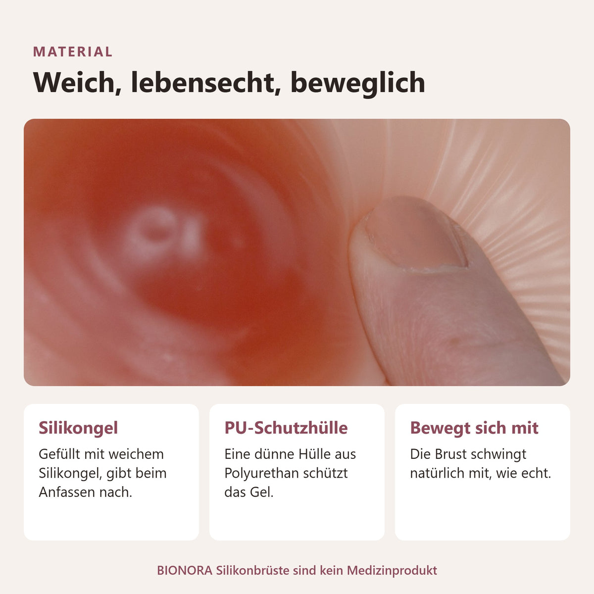 BIONORA Silikonbrüste in Dreiecksform: Material: Silikongel, PU-Schutzhülle, Bewegt sich mit