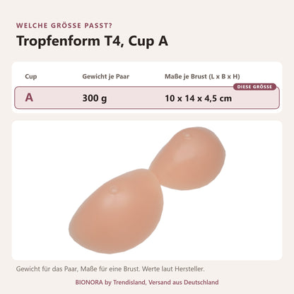 BIONORA Kleine BH-Einlagen in Cup A: Größentabelle Tropfenform T4, Cup A mit Cup, Gewicht je Paar, Maße je Brust (L x B x H), markiert: A