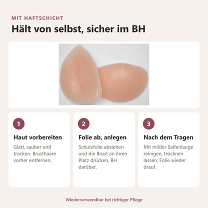 BIONORA Kleine BH-Einlagen in Cup A: Mit haftschicht, Hält von selbst, sicher im BH: Haut vorbereiten, Folie ab, anlegen, Nach dem Tragen
