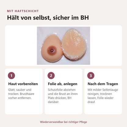 BIONORA Silikonbrüste in Tropfenform: Mit haftschicht, Hält von selbst, sicher im BH: Haut vorbereiten, Folie ab, anlegen, Nach dem Tragen