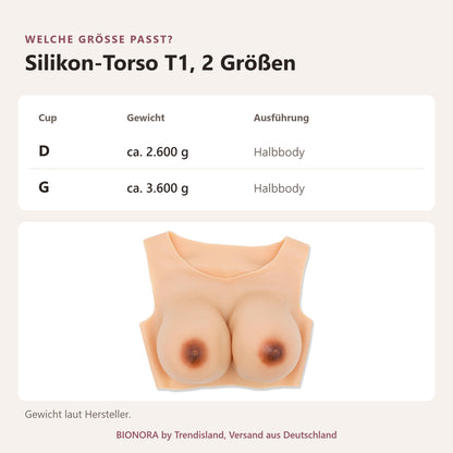BIONORA Torso mit Silikonbrüsten: Größentabelle Silikon-Torso T1, 2 Größen mit Cup, Gewicht, Ausführung