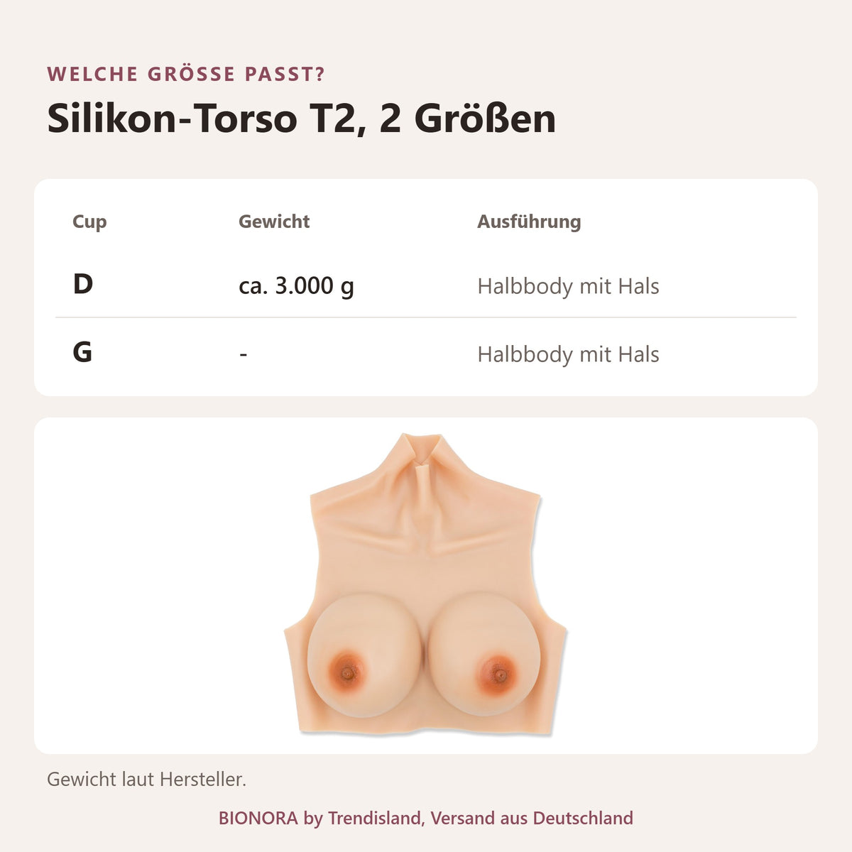 BIONORA silicone torso T2: size chart with 2 sizes