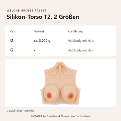BIONORA silicone torso T2: size chart with 2 sizes