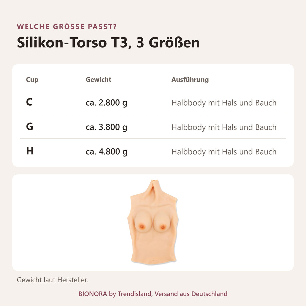 BIONORA Torso mit Silikonbrüsten: Größentabelle Silikon-Torso T3, 3 Größen mit Cup, Gewicht, Ausführung