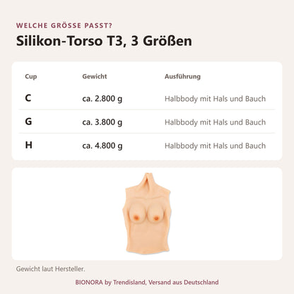 BIONORA Torso mit Silikonbrüsten: Größentabelle Silikon-Torso T3, 3 Größen mit Cup, Gewicht, Ausführung